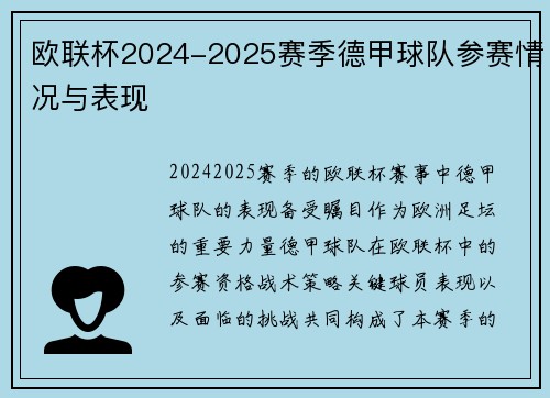 欧联杯2024-2025赛季德甲球队参赛情况与表现